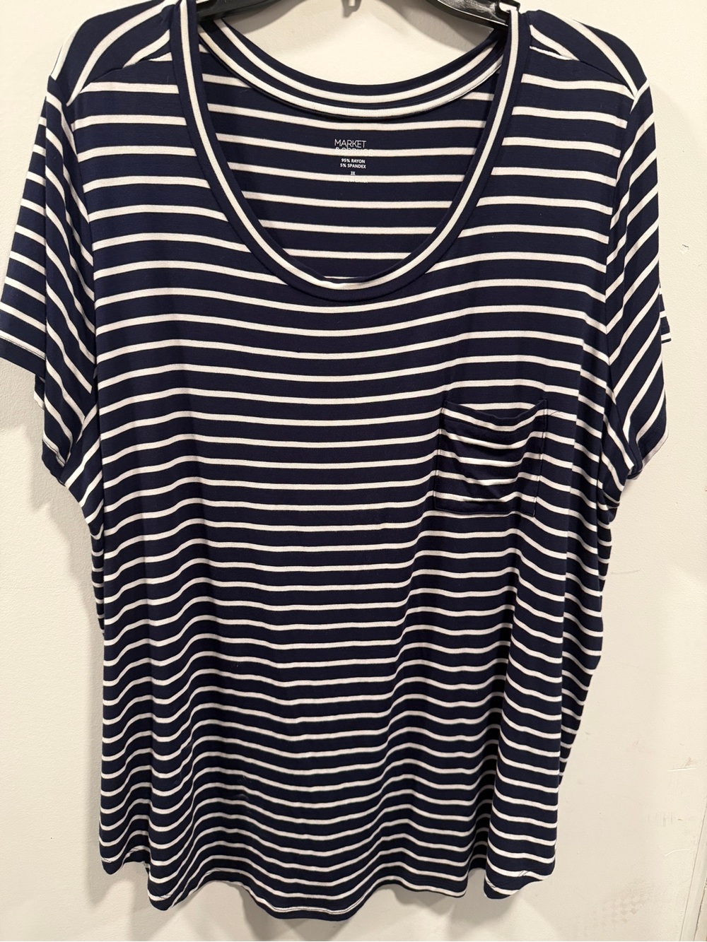 Market & Spruce Navy and White Striped Scoop Pocket Tee